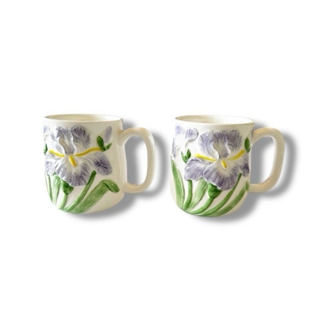 Otagiri Mary Ann Baker Porcelain Mugs Purple Iris Set Of Two Spring Flowers VTG